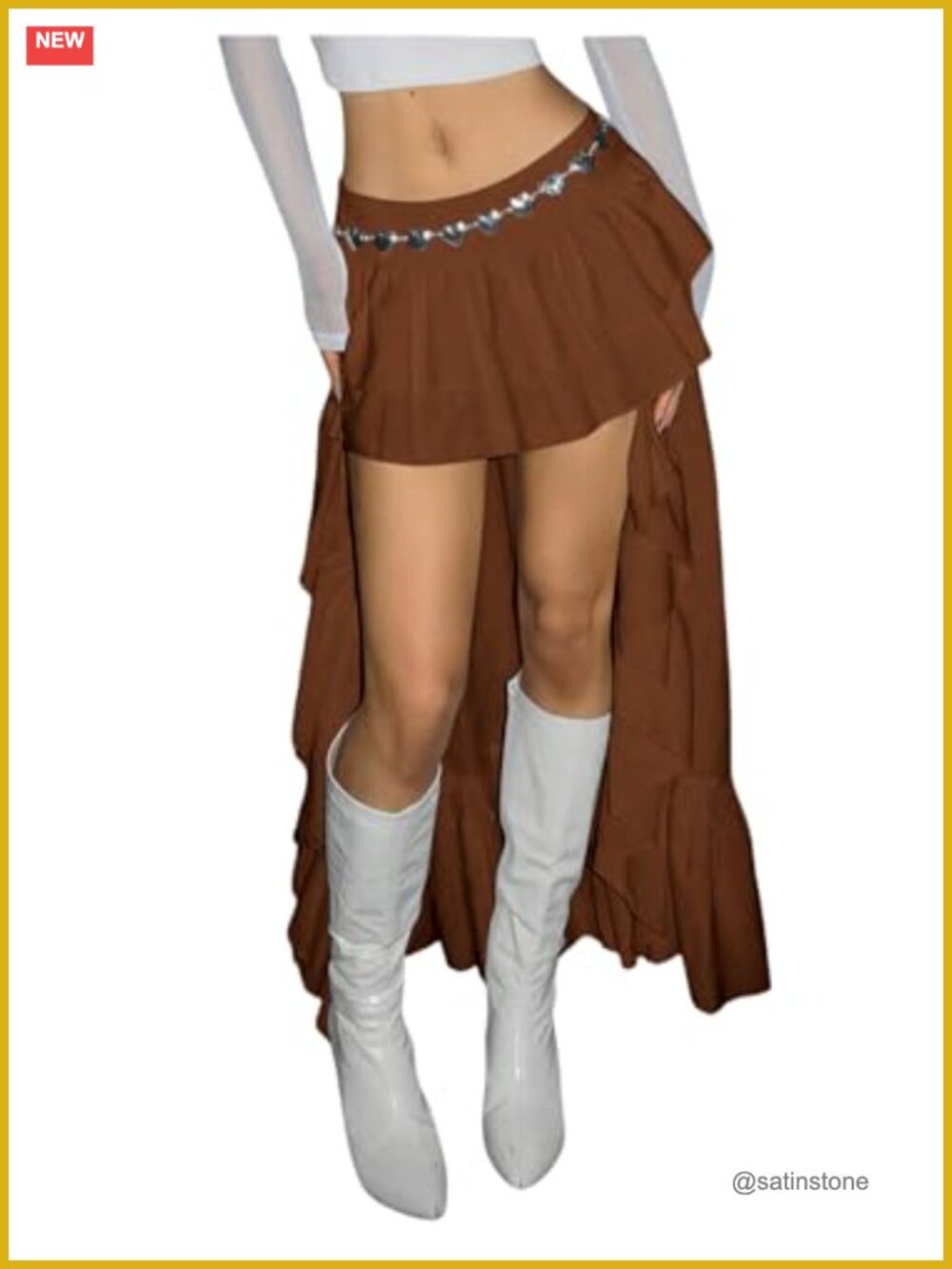 High Low Asymmetrical Flared Maxi Skirt with Elastic Low Waist & Side Zipper
